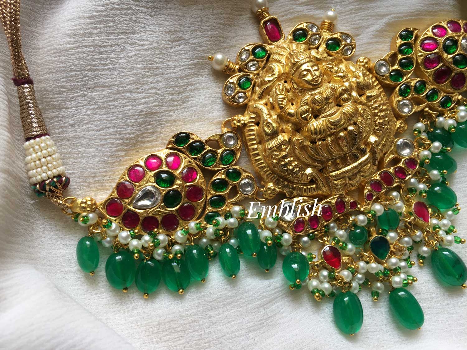 Kundan jadau green beads drop Lakshmi gold finish high neck choker 
